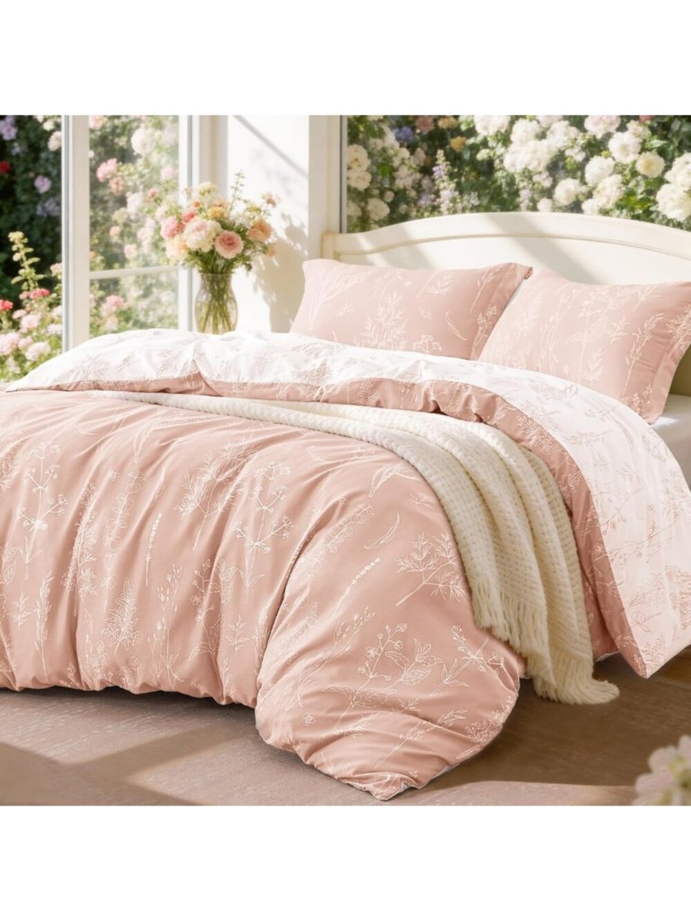 Floral Comforter Set - Cute Reversible Bedding, Full Size, 3 Pieces, Pink